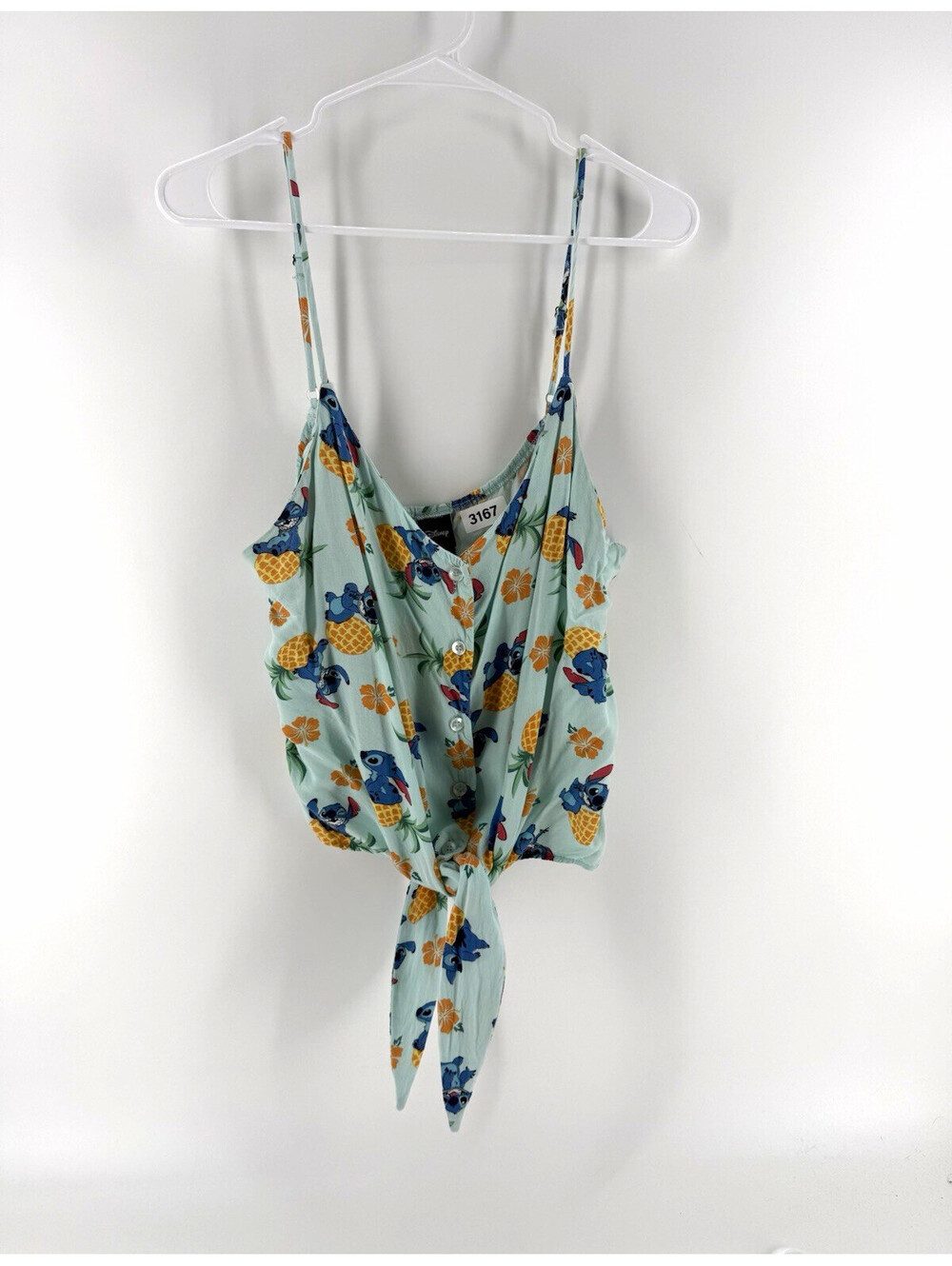 Disney Stitch Blue Floral Pineapple Spaghetti Strap Button Front Tie Tank Top